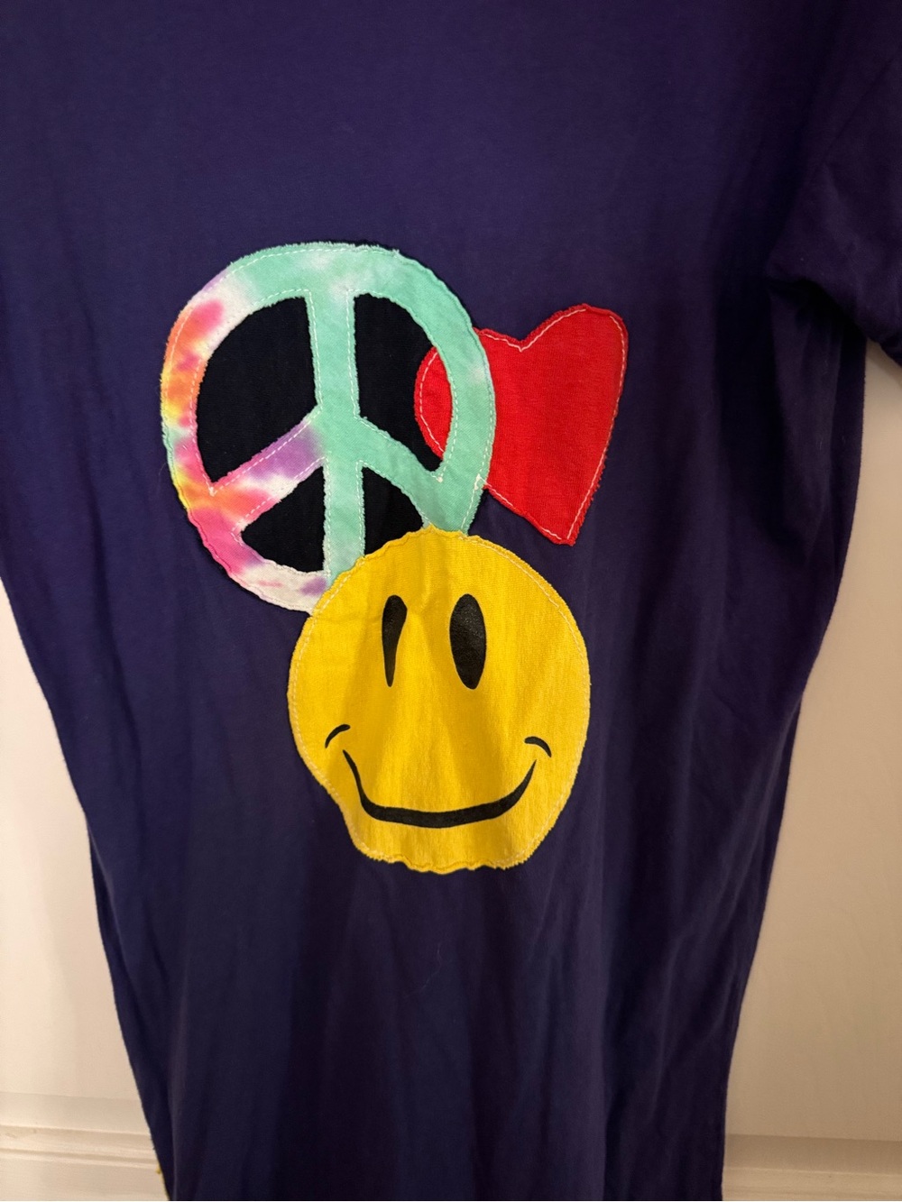 Recycled G Navy Graphic Tee with Yellow Smiley, Peace Sign & Red Heart